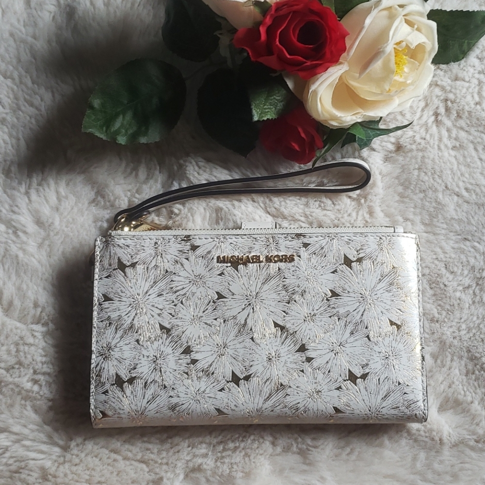 Michael MK Gold White Daisy Double Zip Wristlet.